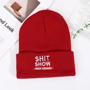 Red embroidered knit beanie winter warm outdoor casual skull cap with custom letter design.