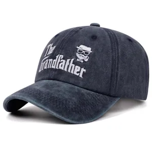 Vintage washed denim baseball cap detail, embroidered grandfather text and gentleman graphic.