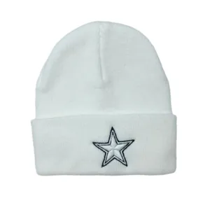 White winter knit beanie with embroidered star, cozy warm skull cap for men and women.