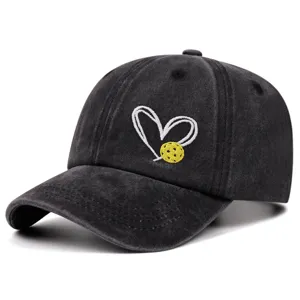 Washed denim baseball cap with heart and pickleball embroidery, casual retro dad hat style.