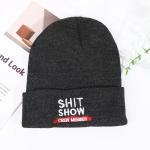 Gray winter knit beanie hat with stylish letter embroidery, soft warm casual unisex apparel.