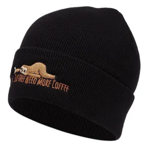 Berretto in maglia nera con ricamo di bradipo, cappello invernale caldo per adulti.