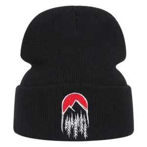 Unisex Inverno Caldo Berretto in Maglia All'aperto Antivento Acrilico Tramonto Montagna Ricamo Cappello Casual Moda Sci