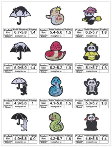 Cartoon embroidery patches size chart with dimensions, weight and sewing instructions.