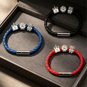 Men Woven Leather Bracelet Punk Style Alloy Charms Beaded Magnetic Clasp Wristband Retro Christmas Style Owl Castle Jewelry