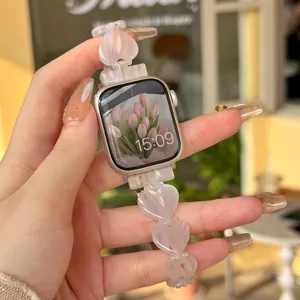 Mode Harz Smartwatch Armband Für Damen Herz Perlen Kette Gurt Schmetterlingsverschluss Ersatzarmband