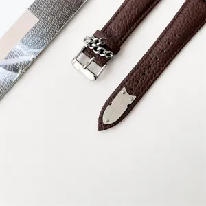 Braunes Lederarmband Detail, Litschi Muster Textur, silberne Metallschließe und Metallspitze.