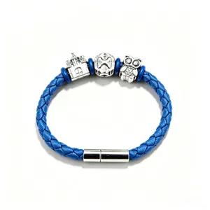 Men's blue braided leather bracelet with silver magnetic clasp and charms detail shot.