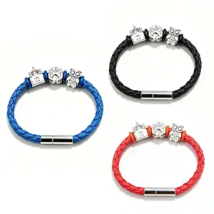 Men braided leather bracelet with magnetic clasp and metal charms, stylish punk wristband.