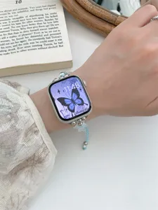 Bracelet de montre tressé respirant compatible avec Apple Watch, avec perles bleues.