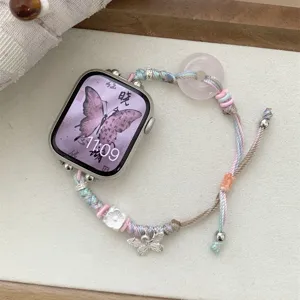 Bracelet De Montre Connectée En Nylon Tissé Avec Boucle Amulette Perles De Cristal Nouveau Style Chinois De Rechange