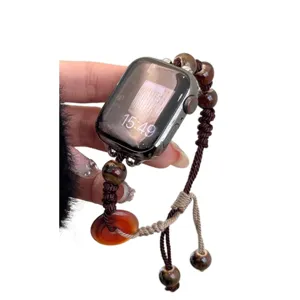 Bracelet tressé Apple Watch avec perles et boucle de paix, bracelet d'été respirant élégant.