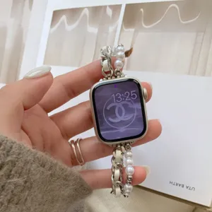 Πολυτελές Λουράκι Smartwatch από Δέρμα με Μεταλλική Αλυσίδα και Τεχνητό Μαργαριτάρι για Apple Watch Γυναικείο