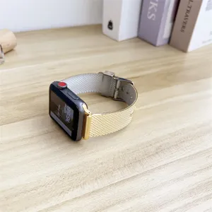 Gold metal mesh smartwatch strap replacement compatible with smart watches, stylish accessory.