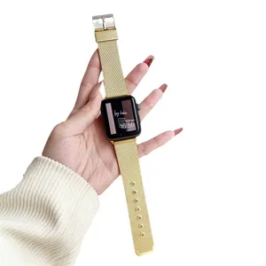 Replacement metal mesh strap compatible with Apple Watch, gold Milanese loop band with secure clasp.