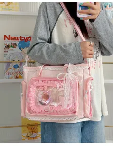 Borsa ita Lolita rosa da donna, borsa a tracolla trasparente per spille e uso quotidiano fashion.