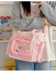 Bellissima borsa Lolita Ita rosa con finestra trasparente e pizzo per gli anime.