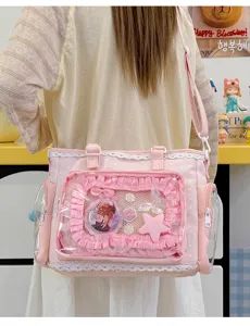 Borsa ita Lolita rosa con finestra trasparente e volant, perfetta per spille e uso quotidiano.