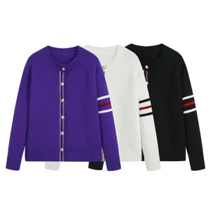 Women's Casual Striped Long Sleeve Cardigan Crew Neck Single-Breasted Knitwear Sweater Outerwear