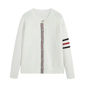 Women white knitted cardigan with striped placket and sleeve design, casual sweater.