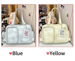 Detailed view of Japanese style ACG transparent window Ita shoulder bag with cute card holder.