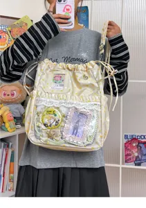 Sac à dos ita Harajuku mignon motif étoile cordon avec fenêtre transparente et dentelle.