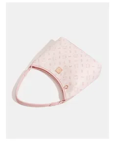Pink hobo shoulder bag detail, cute cat monogram PU leather purse, stylish women fashion handbag.