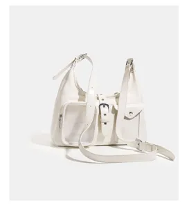White glossy ita bag shoulder crossbody bag with clear front pocket for daily commute