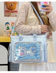 Borsa ita Lolita giapponese da donna, graziosa borsa a tracolla blu a pois con finestra trasparente.