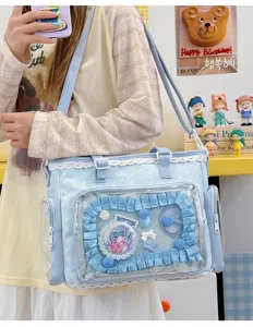 Borsa ita Lolita giapponese carina borsa a tracolla a pois blu con finestra trasparente per spille