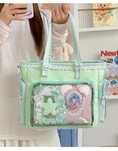 Borsa ita verde menta a pois in stile Lolita giapponese con finestra trasparente.