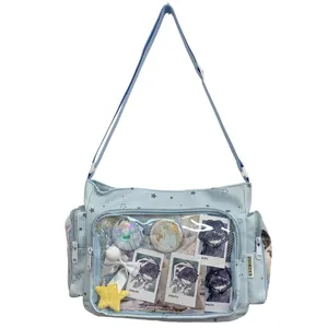 Light blue anime ita bag JK uniform shoulder crossbody bag with transparent display window and star print.