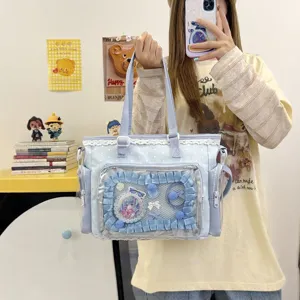Borsa ita Lolita giapponese azzurro chiaro a pois con tasca trasparente vista principale