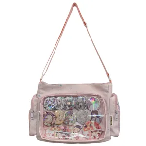 Pink JK uniform canvas ita bag with clear window for anime badges and daily student crossbody use.