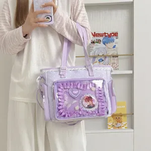 Borsa ita viola a pois con tasca trasparente sul davanti, pizzo e tracolla in stile Lolita.
