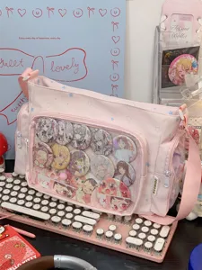Pink Japanese JK uniform ita bag with transparent pocket for pins, sweet canvas shoulder messenger.