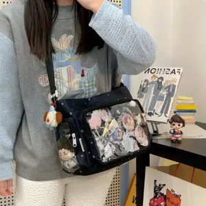 Japanese JK uniform style shoulder bag, canvas crossbody ita bag with clear window, student.