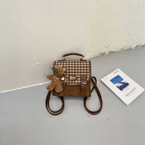 Mini sac à dos à carreaux style japonais pour femme, pendentif ours mignon, école.