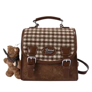 Mini sac à dos à carreaux style japonais mignon pendentif ours pour sac d'école femme