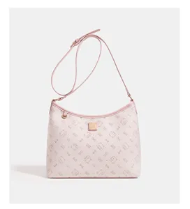Pink faux leather crossbody shoulder bag featuring cute cat pattern, stylish women daily detail purse.