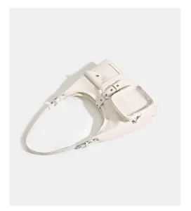 Close-up detail of the off-white ita shoulder bag, featuring transparent window and buckle strap.