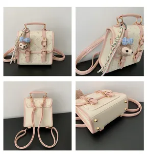 Cute sweet academy style PU leather mini backpack featuring cute bear plush pendant and pink trim.