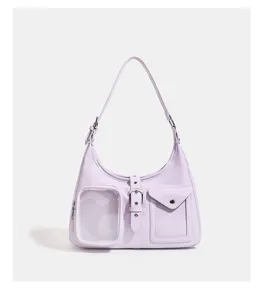 Light purple hobo shoulder bag with clear window pocket and multi-pocket design for daily commute.