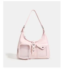 Pink PU leather ita bag shoulder bag with clear window pocket for daily commute and anime fans.