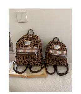 Velvet leopard print mini backpack retro style cute school bag for girls daily casual wear.