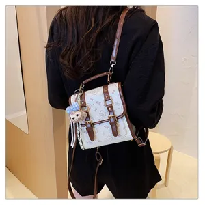 Preppy style women backpack casual commuter leather school bag cute cat print daypack