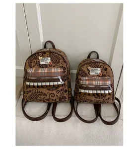 Vintage brown paisley mini backpack set, cute plaid pocket with ruffles and straps.