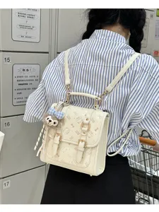 Stylish women small backpack retro commuter bag with cute plush pendant and cat print