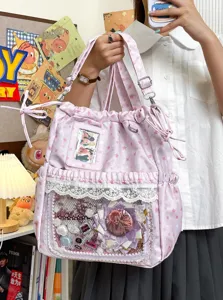 Sac à dos Ita style Harajuku imprimé étoiles roses avec fenêtre transparente et bordure en dentelle.