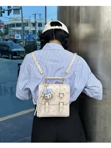 Women vintage small backpack PU leather casual commuter school bag with cute pendant